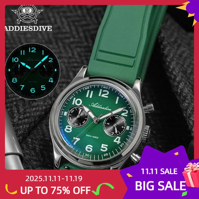 ADDIESDIVE Relojes de cuarzo para hombre de 38 mm VK64 Relojes cronógrafo deportivos de acero inoxidable 10Bar Relojes de buceo luminosos C3 impermeables