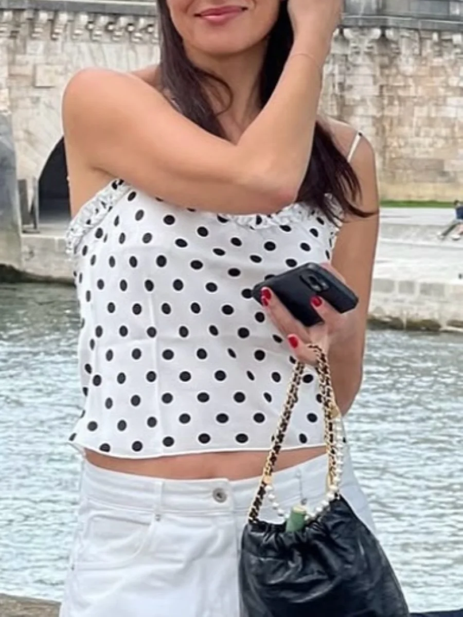 

Новинка 2023 года, женские черные топы на бретельках с принтом в горошек и оборками по краям, без рукавов, с v-образным вырезом, сексуальная женская майка из 100% шелка