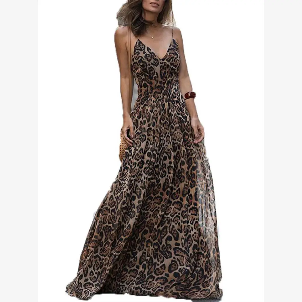 فستان أنيق بطبعة الفهد برقبة على شكل V وبدون حمالات، تنورة طويلة مثيرة، فستان ميدي عصري بأسلوب الشارع، مصنوع من القطن والشيفون