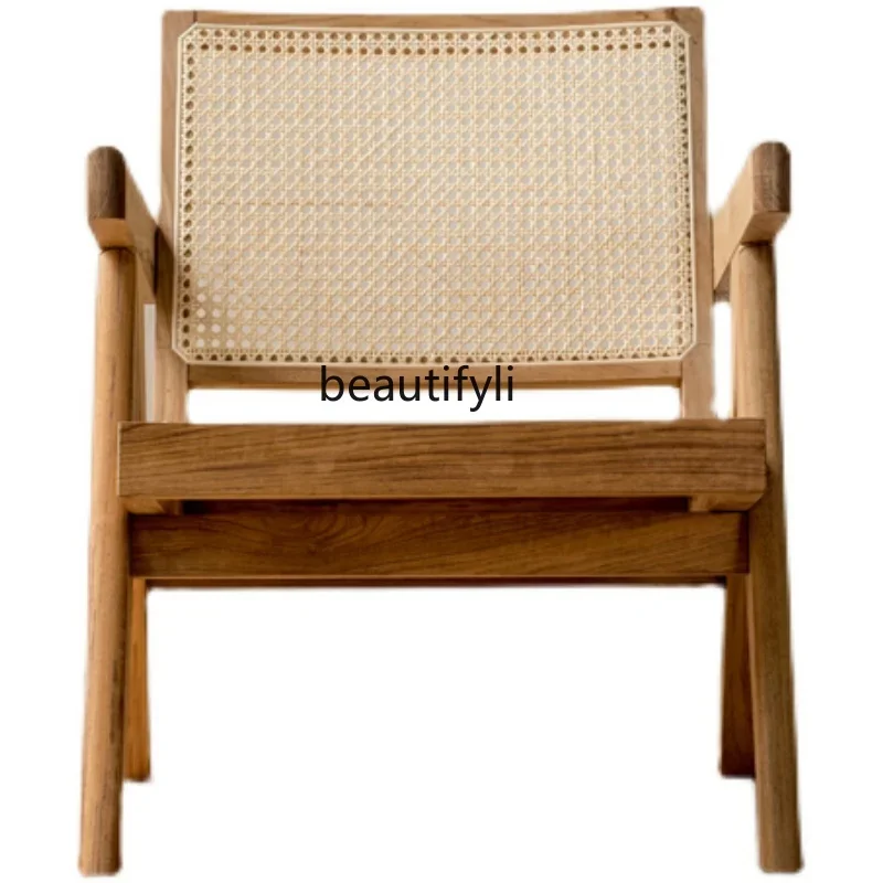 

S Myanmar Teak Solid Wood Nordic Retro Leisure Chair Balcony Living Room Rattan Woven Chair living room furniture