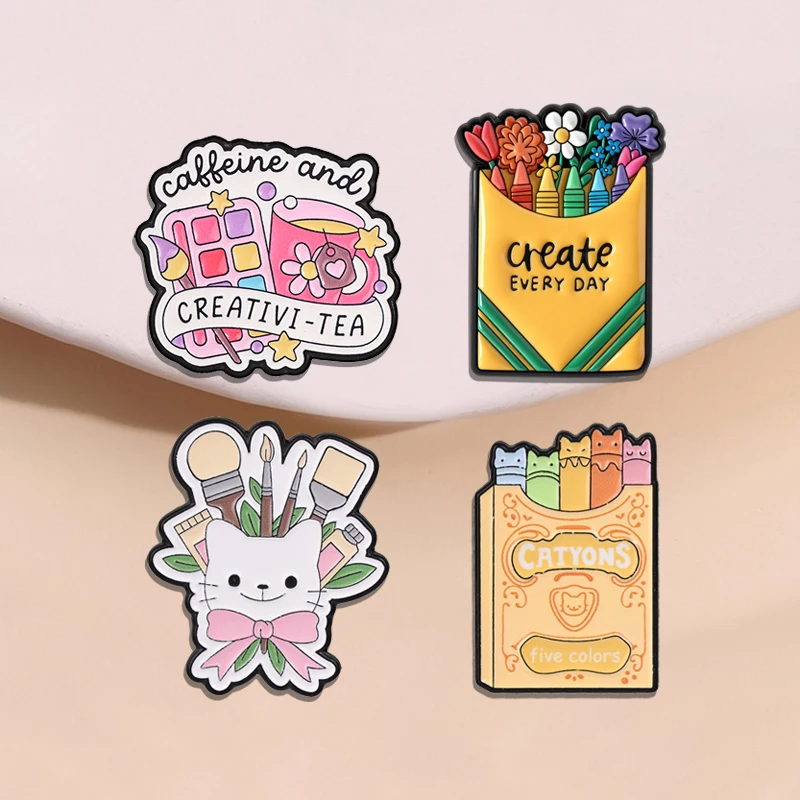 Caffeine And Creativi‑Tea Enamel Badge Artist Paint Palette Mug Cup Pins Creat Every Day Colorful Crayons Brooches Jewelry Gifts