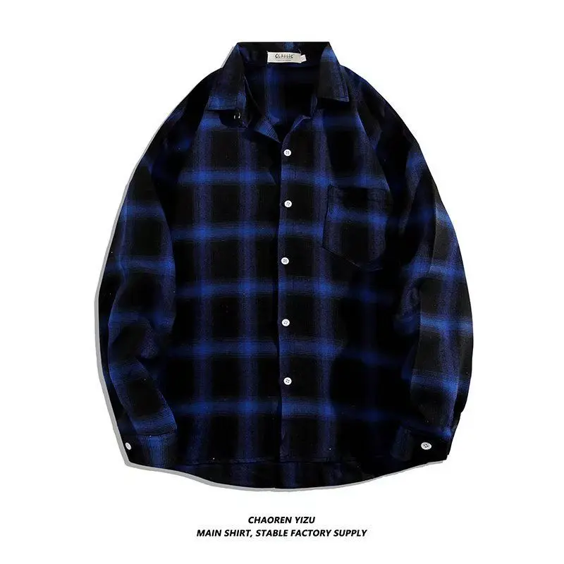 Vintage Plaid Shirts Oversize Basics Long Sleeve Turn-down Collar Pocket Loose Single Breasted Casual Thin Coat