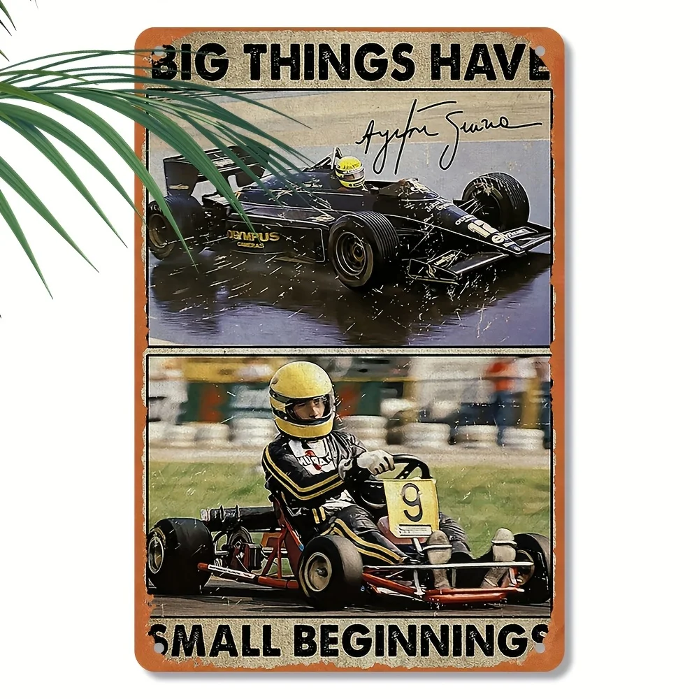Vintage Racing Car Metal Tin Sign - Big Things Have Small Beginnings Retro Iron Wall Art with Historic Photos,  Weather