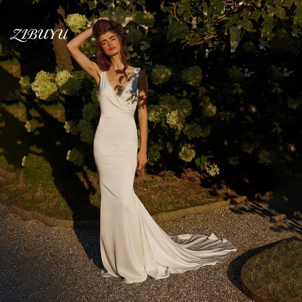 

ZIBUYU Customized Elegant Wedding Dress Backless Mermaid Spaghetti Straps V Neck Sleeveless Cross Wrap Satin Bodice Bridal Gowns