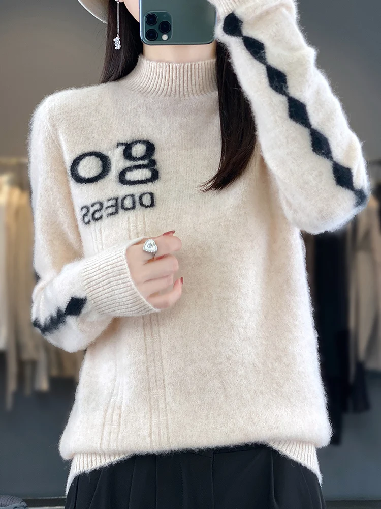 

Long Sleeve Autumn Winter Sweater Half-high Collar Pullover 100% Merino Wool High Quality Cashmere Knitwear Korean Fashion Tops