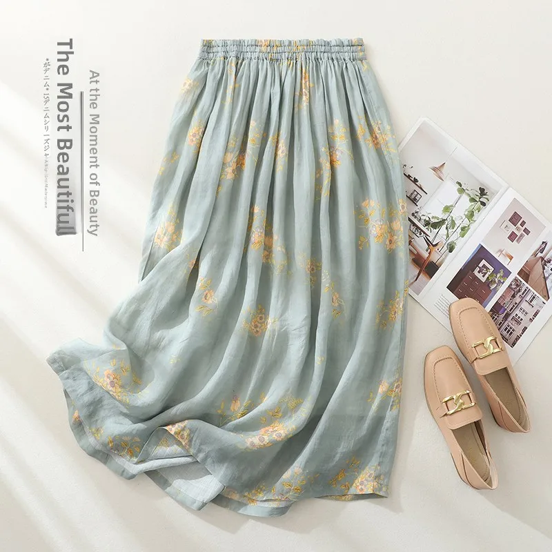 

Высококачественная японская хлопково-льняная юбка-миди с принтом в стиле ретро, женская художественная антивозрастная юбка трапециевидной формы, большая юбка с воланами