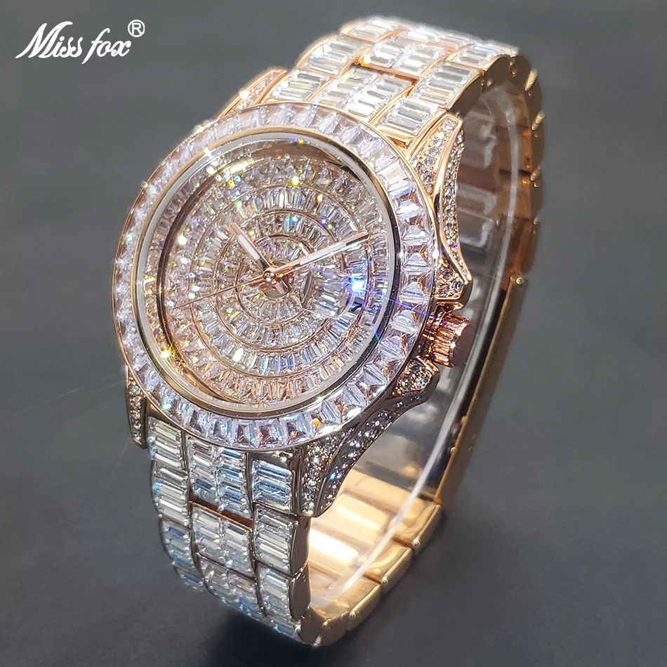 MISSFOX-Montre de Luxe Hip Hop pour Homme, en Acier Inoxydable, Étanche, Entièrement en Diamant, Or Rose, à la Mode, Cadeau, 2022