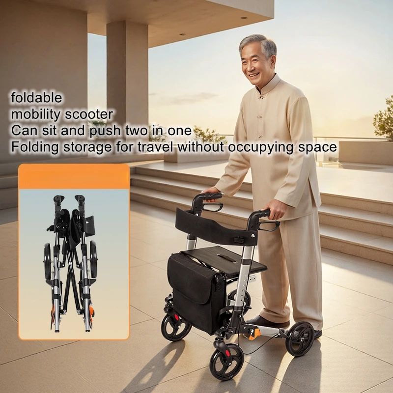 Multi functional elderly assisted driving, foldable walking aid, walking scooter with adjustable height, anti fall device