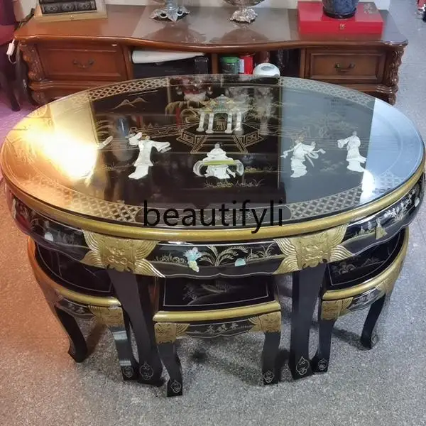 

Classical hand-painted furniture gold foil round dining table dining chair complete set of peony patterns