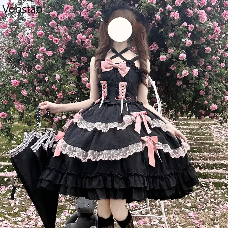 

Japanese Sweet Lolita Jsk Dress Gothic Women Lace Bow Ruffles Tea Party Dresses Summer Girls Kawaii Y2k Punk Suspender Dress