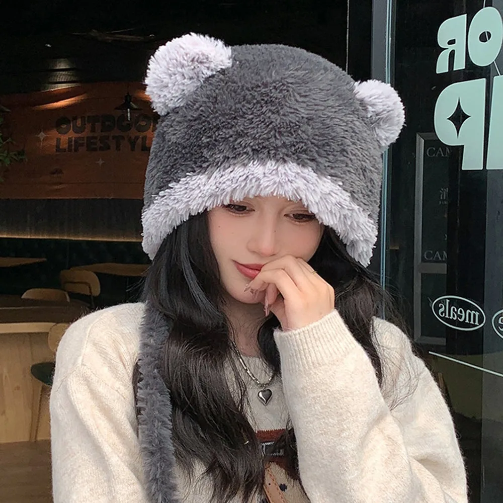 

Casual Bear Ear Knitted Plush Hat Windproof Coldproof Ear Protection Hat Keep Warm Thickened Pompoms Hat for Women Girls