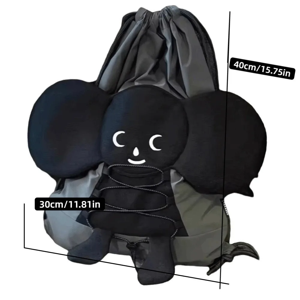 Trendy Casual Cartoon Backpack Drawstring Adorable Doll School Bag Large Capacity Lightweight Black Double Shoulder Bag Daily