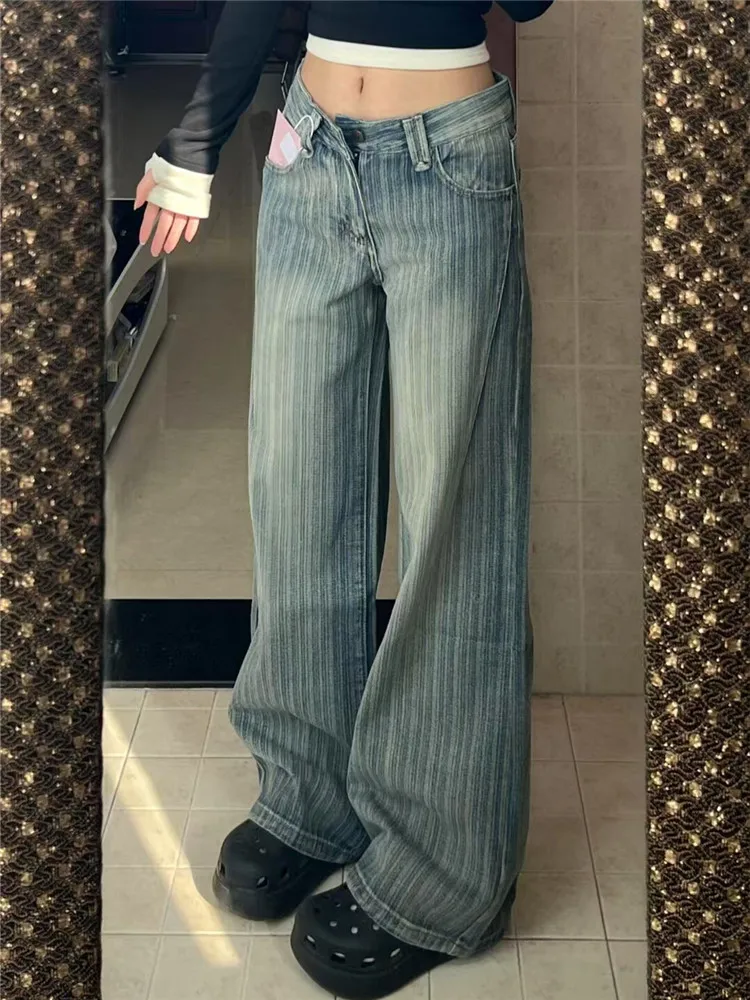 

Американские винтажные джинсы с низкой посадкой, в полоску, расклешенные, женские, свободные, струящиеся, с высокой талией, удлиненные, в пол, осенний сезон