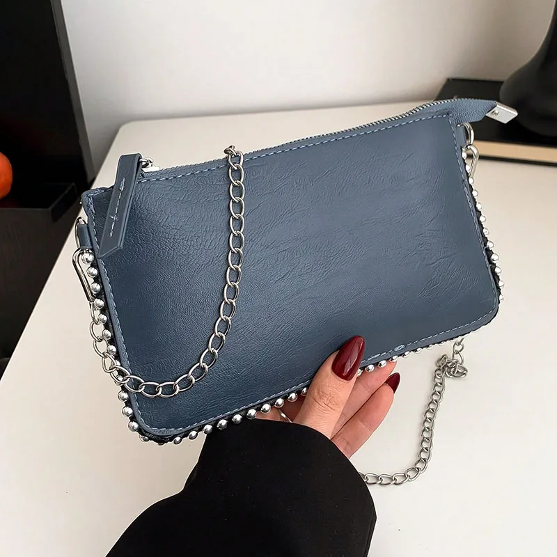 Women's retro classic bead chain design elegant and exquisite crossbody bag solid color commuting envelope bag. image 6