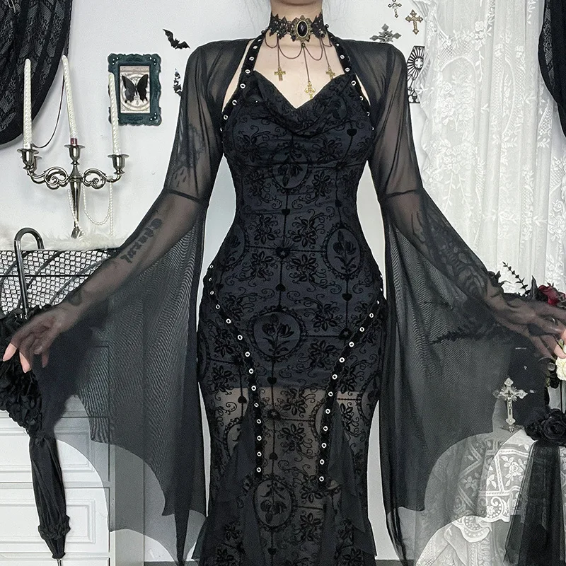 Goth Dark Mall Gothic Mesh See Through Crop Shrug Tops Women Chic Coat Techwear Y2K Grunge Batwing Sleeve Sunscreen Smock Blouse