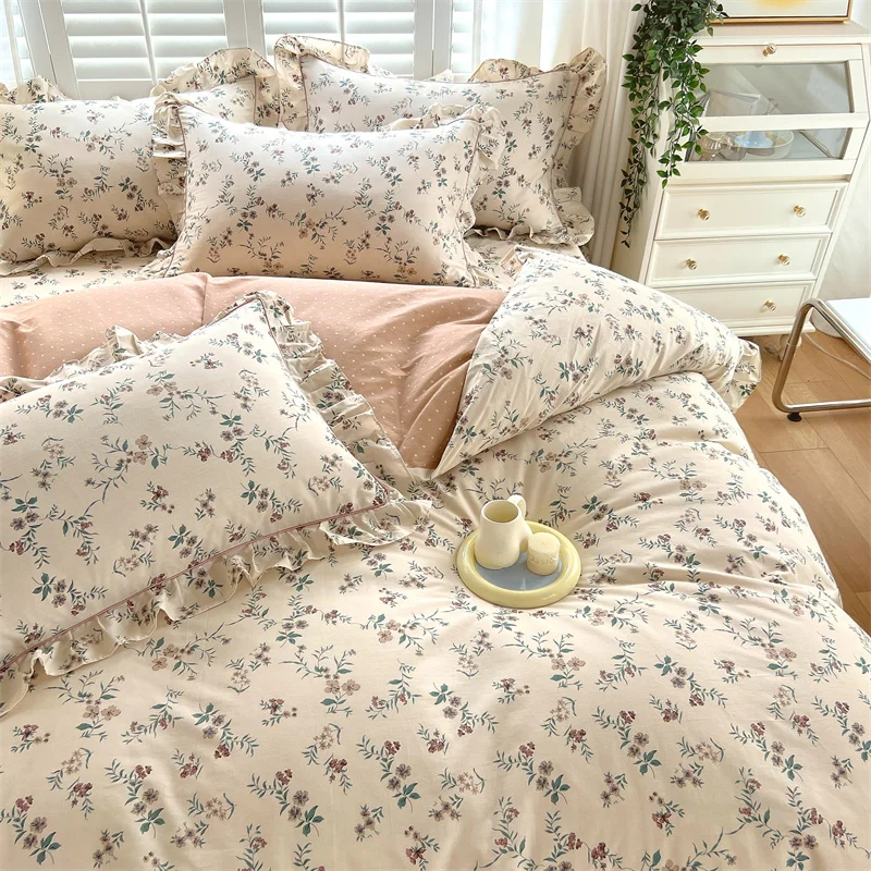 Four-Piece Set Bed Skirt Pure Cotton Heat Warm Flower Printing and DyeingLace Quilt Cover Bed Sheet Three-Piece Set 1.2M Bedding