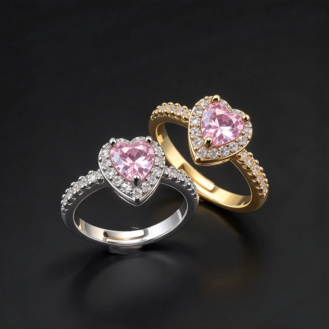 Vintage Plated Ring for Women, Heart Shape Pink Zircon Halo, Luxury Quality Jewelry, Promise Ring, for Banquet & Daily Wear