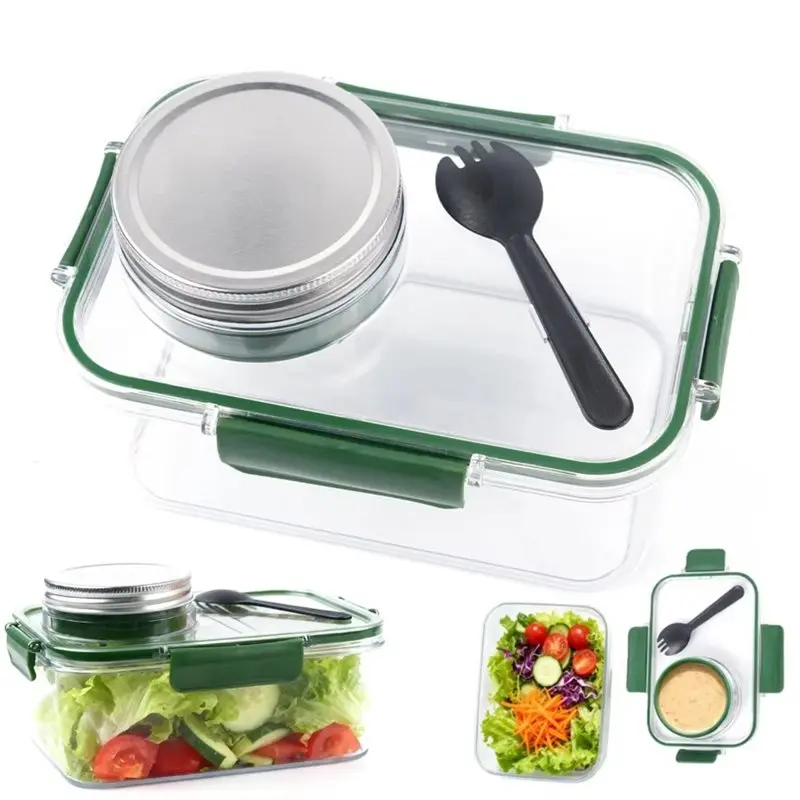 THIVN-Leakproof Portable Saladpod Masonjar Mason Jar Matching Fork With Condiment Compartment Keep Fresh Salad Container Box