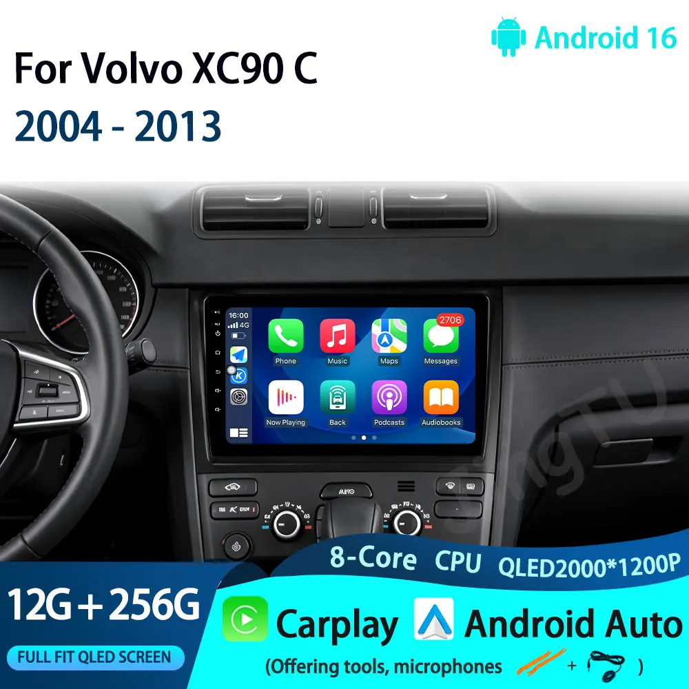 Android 16 For Volvo XC90 C 2004 - 2013 Car Radio Stereo Head Unit CarPlay BT Multimedia Video Player GPS Navi 10 Inch 2K QLED