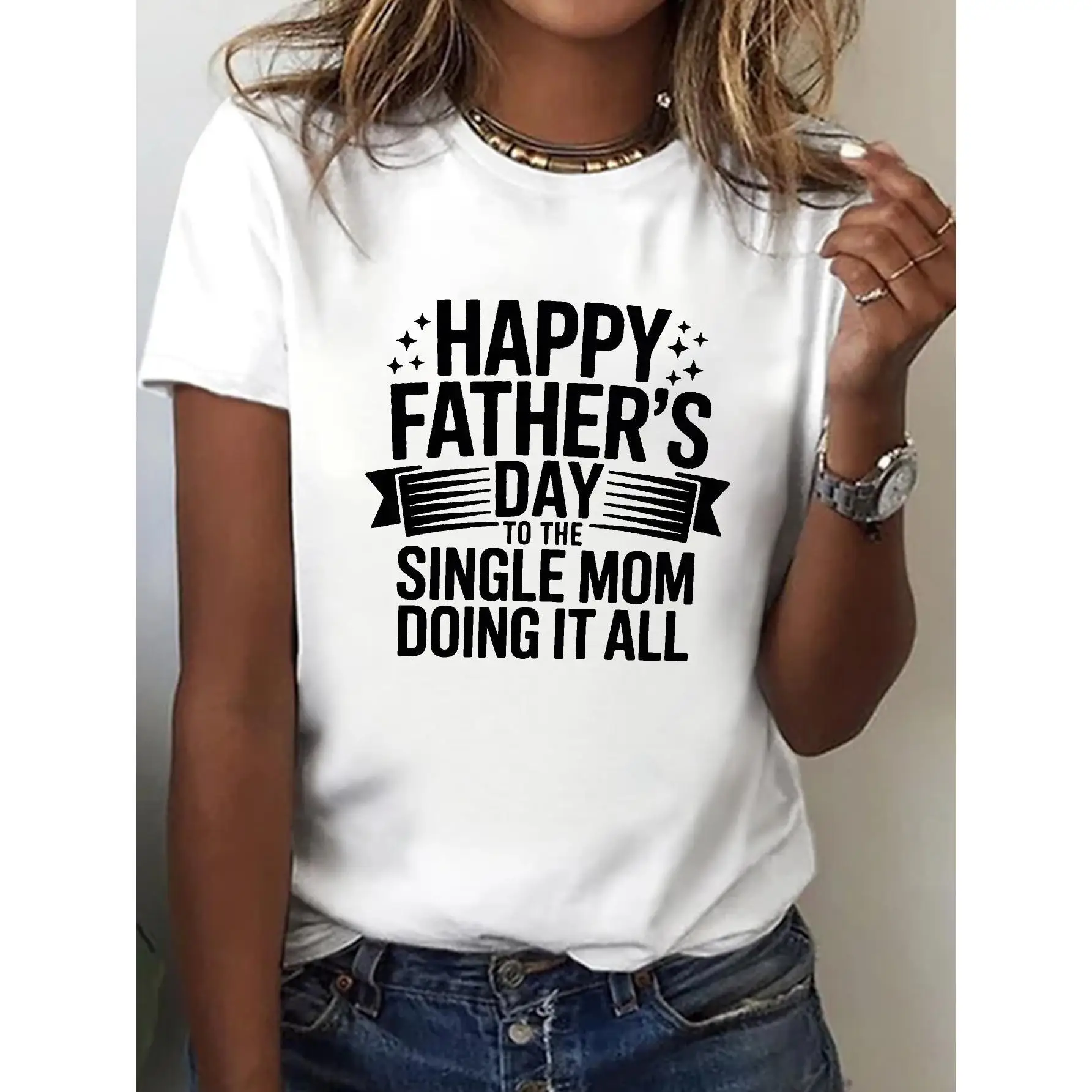 

Happy Father'S Day to the Single Mom Loading Graphic TShirt, Women'S Casual Crew Neck Short Sleeve Top, Geometric Pattern, Regul