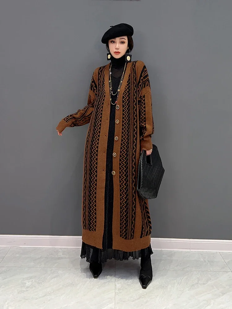 XITAO Vintage Knitting Cardigan Fashion Contrast Color Spicing Long Women Sweater Coat 2024 Spring New All-match WLD10022