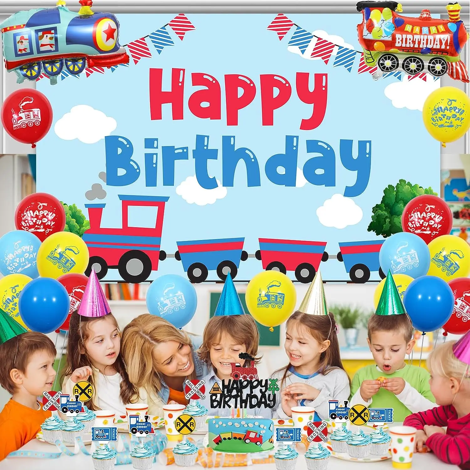 Imagem -04 - Train Theme Birthday Decorações para Meninos Treinar Contexto Feliz Aniversário Banner Balões Grupo Cake Toppers