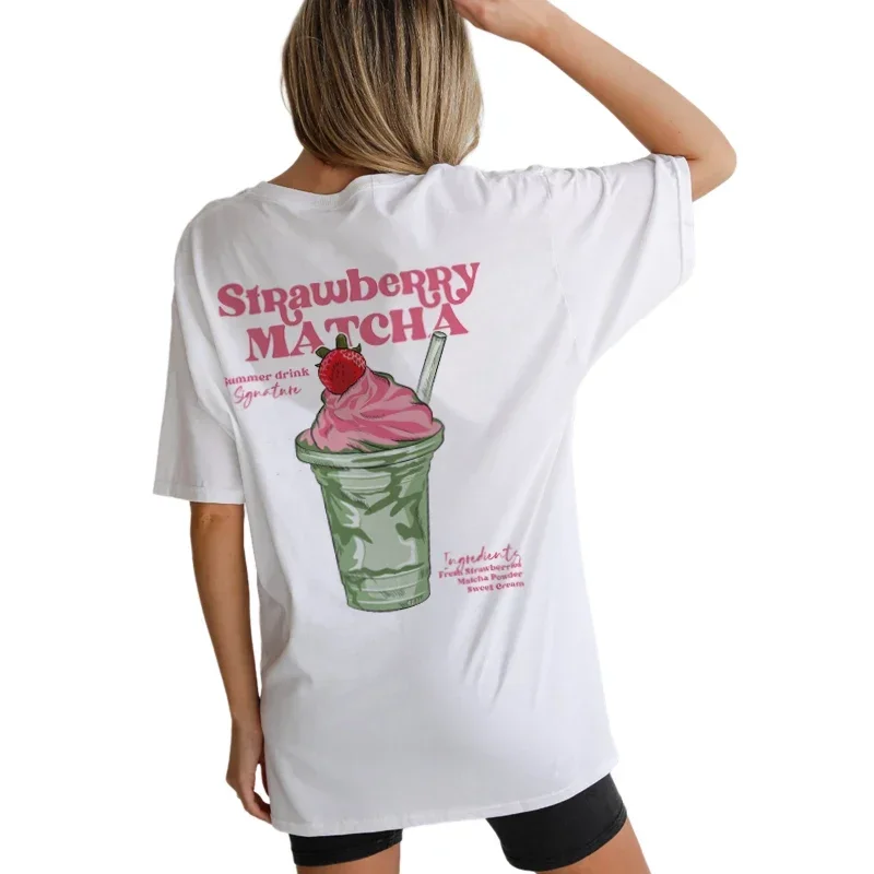 Cute Y2k Aesthetic Matcha Lover Tops Back Print Strawberry Matcha T Shirt Loose Streetwear Graphic Tees Women Fashion Clothing