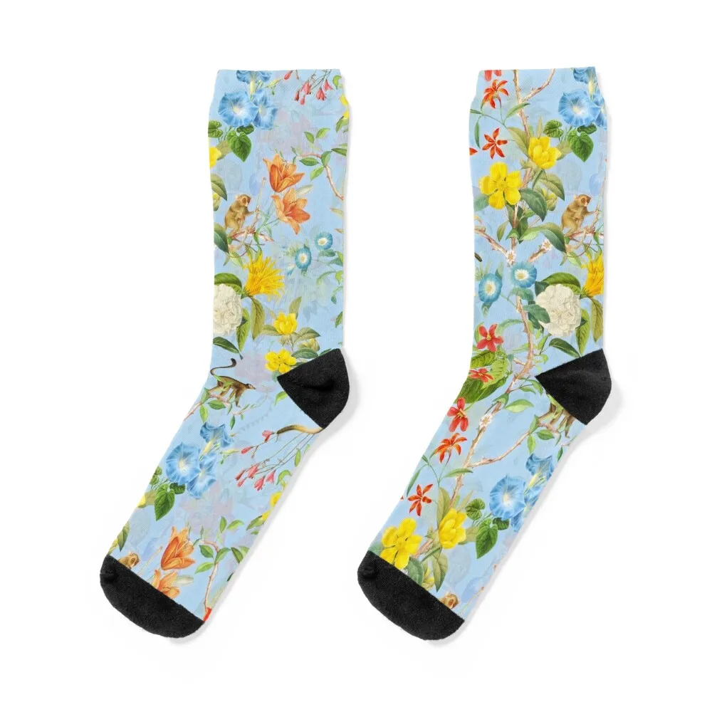 Chinoiserie Monkeys Botanical Garden Pattern blue Socks