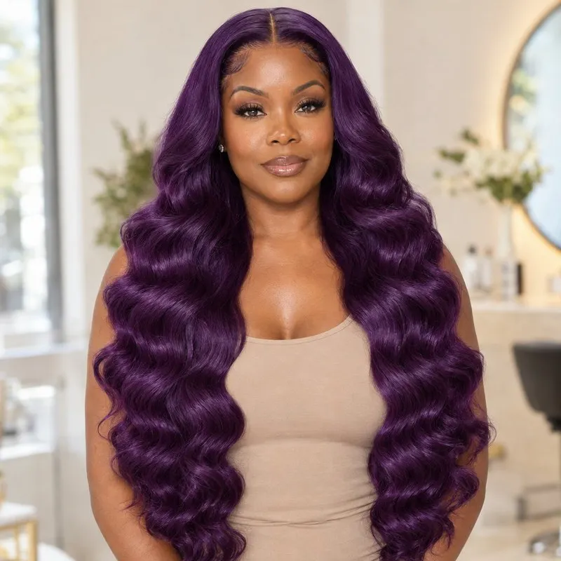 Deep Purple Body Wave Wig Mid Length Heat Resistant Baby Hair Ready To Wear Quality HD Lace Glue And Go Bouncy Brazilian