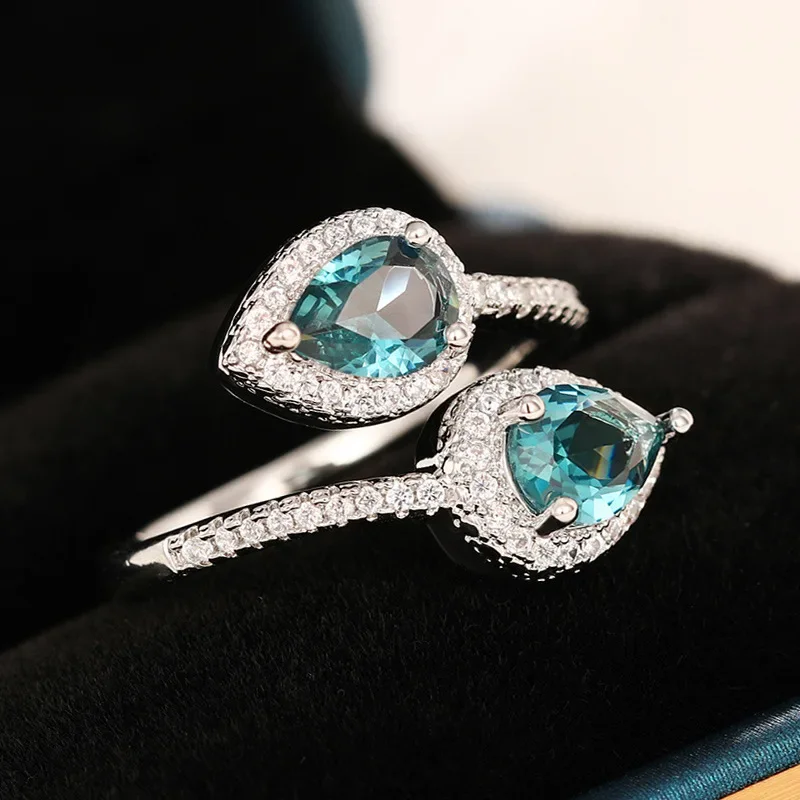 Classic Female Rings 925 Sterling Silver Water Droplet Blue Zircon Adjustable Rings for Women Promise Love Wedding Jewelry
