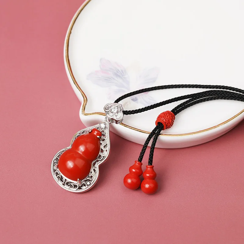 S925 Silver Inlaid Ruyi Calabash Pendent Natural Gourd Simple Style Women's Necklace Ornament