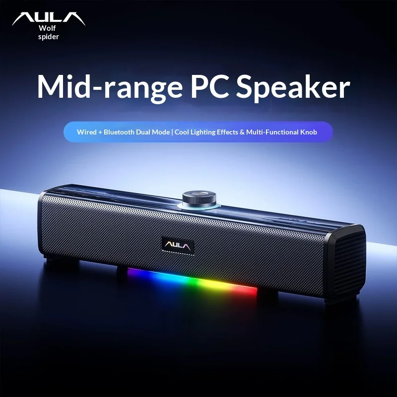 AULA N180 Bluetooth Wired Dual Mode Gaming Soundbar Desktop Stereo Speaker With RGB Light Knob Control For Computer