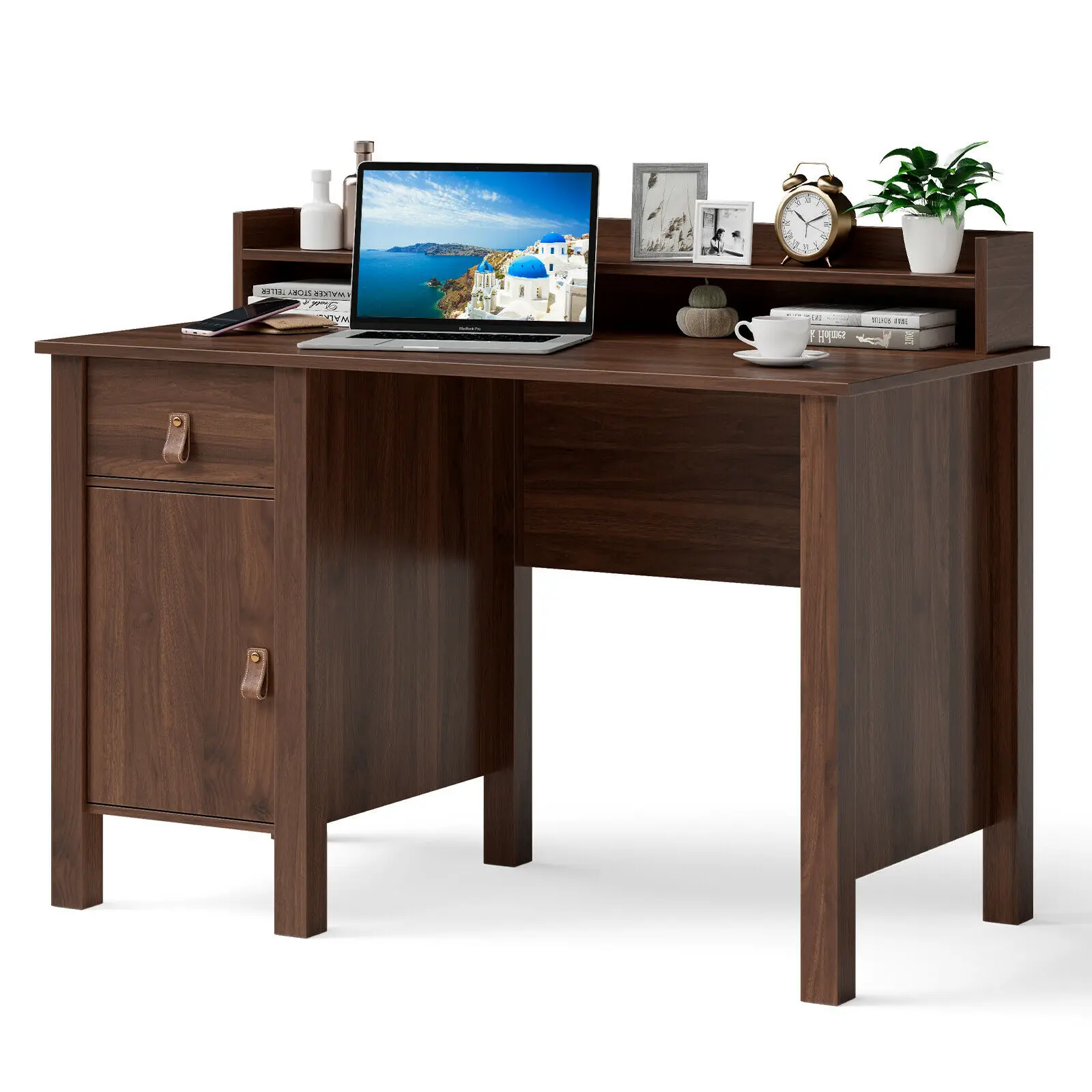 Costway Computer Desk Home Office Writing Workstation w/ Drawer & Hutch Walnut  CB10238BN