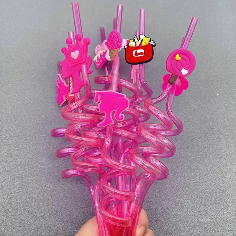 Miniso Barbie Series Straw Party Reusable Children Cartoon Plastic Creative Bending Straw Anime Decoration Christmas Supplies