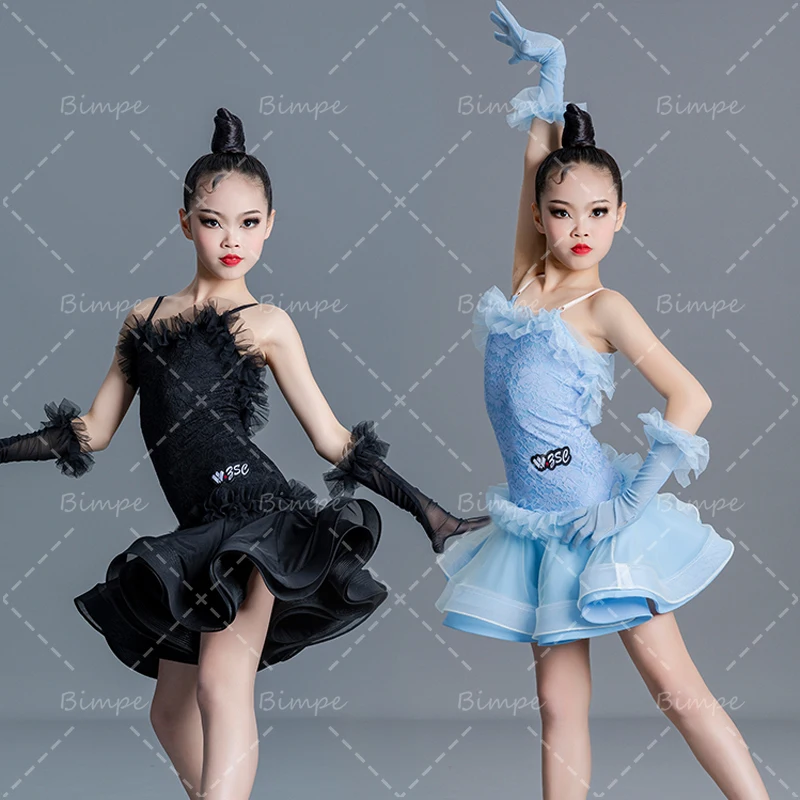 

Blue White Black Latin Dance Dress Girls Performance Latin Dance Costume Kids Rumba Samba Chacha Ballroom Dancing Wear Skirt