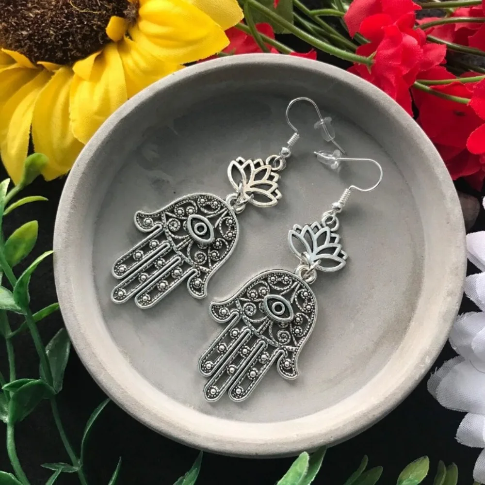 Gothic Bohemian Silver Color Hollowed-out Exquisite Evil Eye Lotus Palm Dangle Earrings for Woman Jewelry Accessories Colorfast