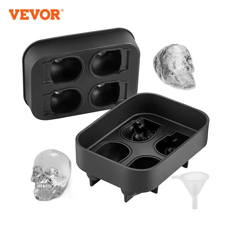 VEVOR Ice Cube Maker Black Silicone 4 Grid 3D Skull Shape Tray Home Party Bar Cool Whiskey Icy Beverage Ice Ball Mold DIY Tool