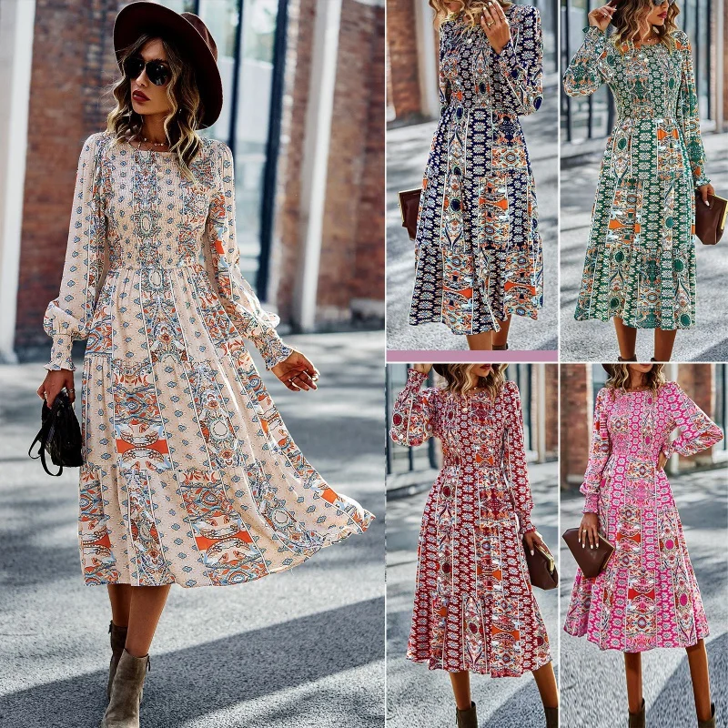 

DY-Self-Developed and Designed European Station Bohemian round Neck Dress Spring and Autumn New Four Seasons Large Swing Skirt