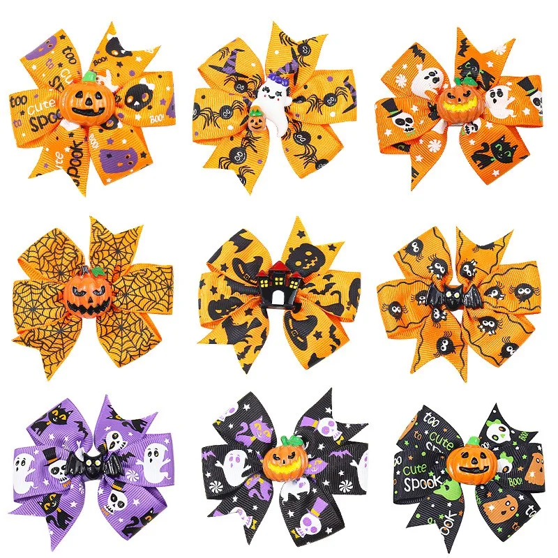 60pc/lot Pumpkin Skeleton Skull Prints Ribbon Bow Baby Hair Clips Hairpins Barrettes for Kid Girls Halloween Party Headwear Bulk