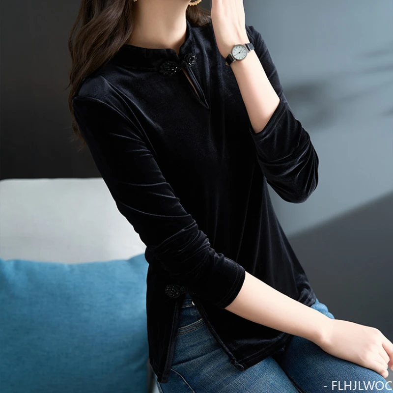 Chinese Style Chi-pao Collar Design Black Velvet Tops New Year 2024 Spring Women Date Girls Button Slit Shirt Blouse Vintage