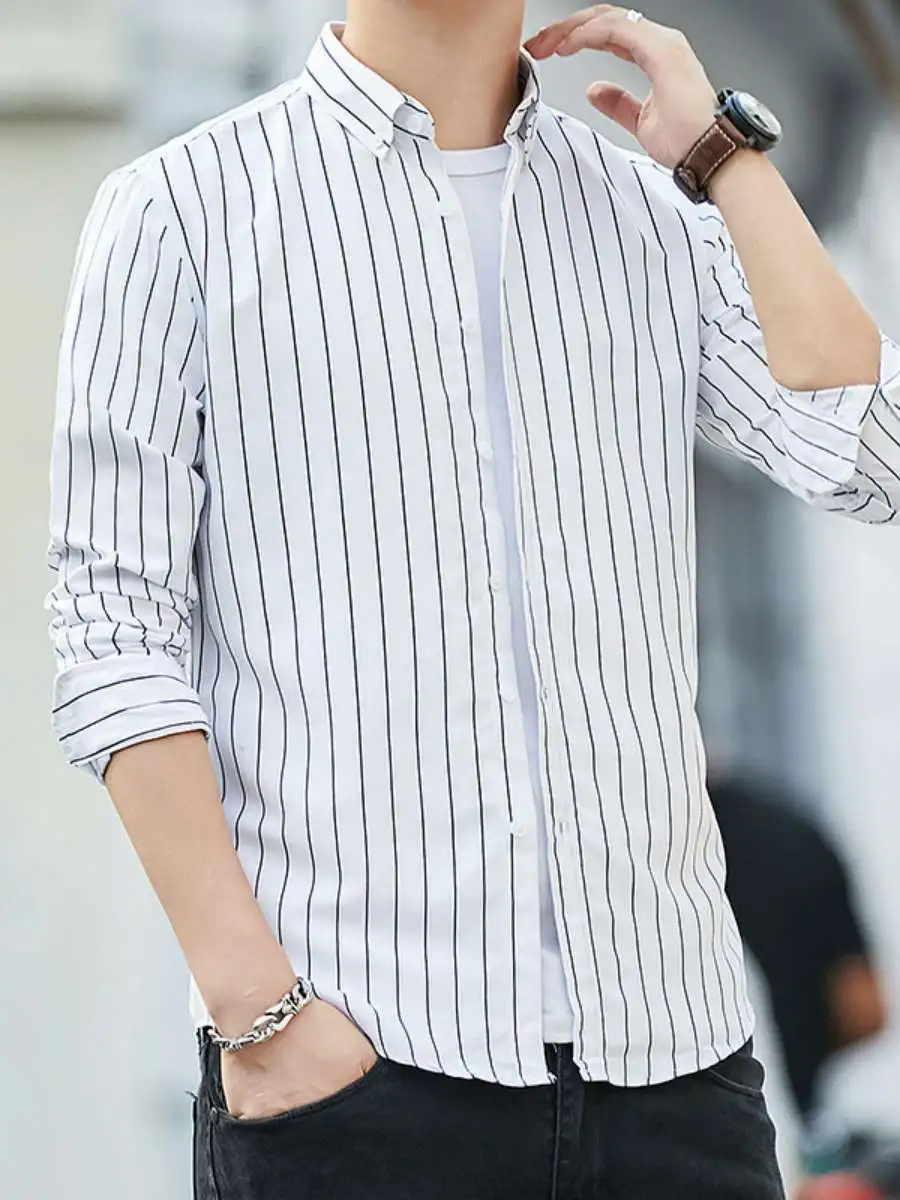

Trendy Men's Striped irt Long Sve Casual Busin Slim Fit Summer Faionable Clothing Spring Youthful Haome Collar