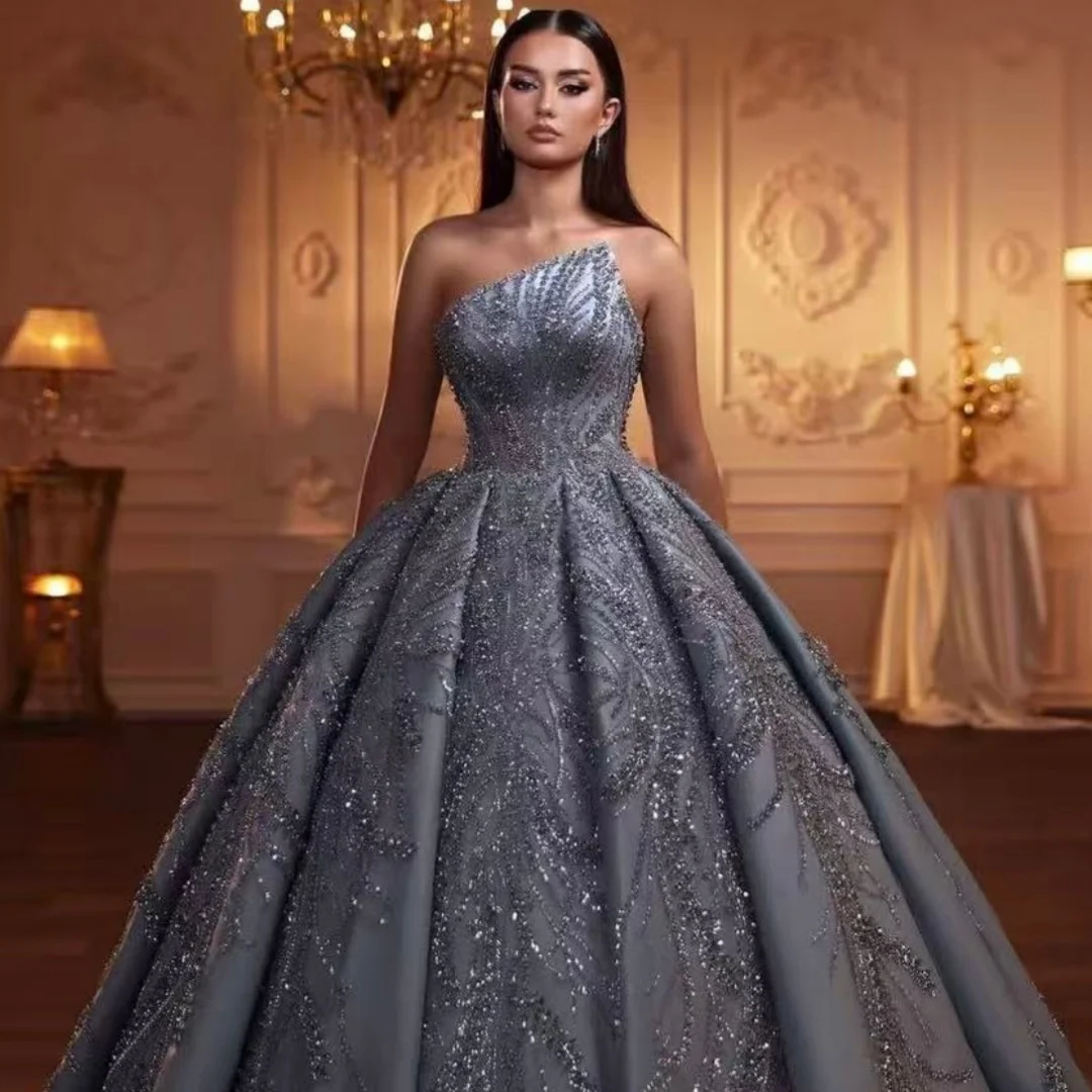 Customized shiny princess wedding dress, beaded high strapless sweet dress, ball dress, front hall