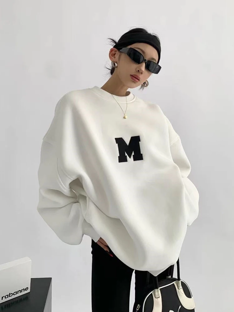 Women Fashionable Retro Grey Sweatshirts Autumn Winter Loose Casual Hoodie Round Neck Oversize Pullovers Tops