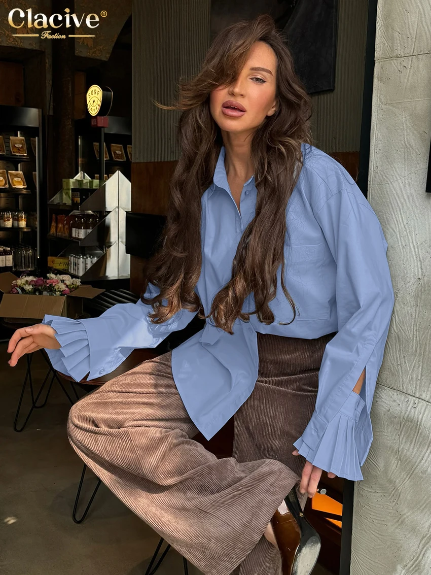 Clacive Summer Loose Blue Cotton Women's Shirt 2025 Fashion Lapel Long Sleeve Blouse Elegant Classic Solid Top Female Clothing - Image 4