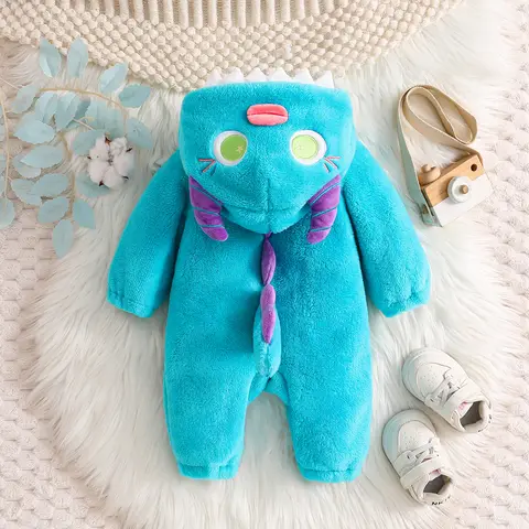 Toddler Baby Boys Monster Costume Fleece Long Sleeve Hooded Jumpsuit Halloween Cosplay Clothes