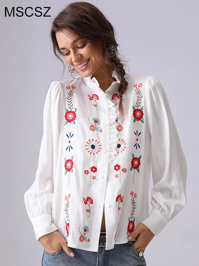 

MSCSZ Ethnic Embroidered Shirt Women Ruffle Stand Collar Long Sleeve Shirt Button Up White Shirt For Office