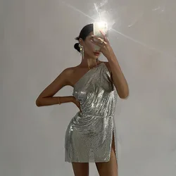 Bling Glitter Evening Prom Women Sloping Shoulders Mini Dress Side Slit Bodycon Sexy Party Club Festival Nightclub Outfits