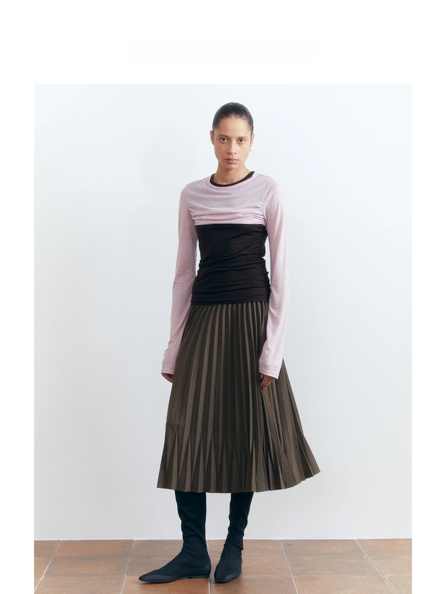 Leonorayang Wool Blend Long Sleeve Knitted T-Shirt Women's Autumn Soft Retro Fit Fake Two-Piece Color Block Top