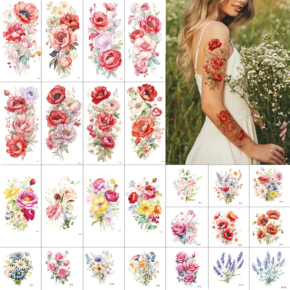 30 Sheets Flowers Temporary Tattoos Adult - Watercolor Floral Tattoos Temporary Realistic, Fake Tattoo Sleeve Festival Accessori