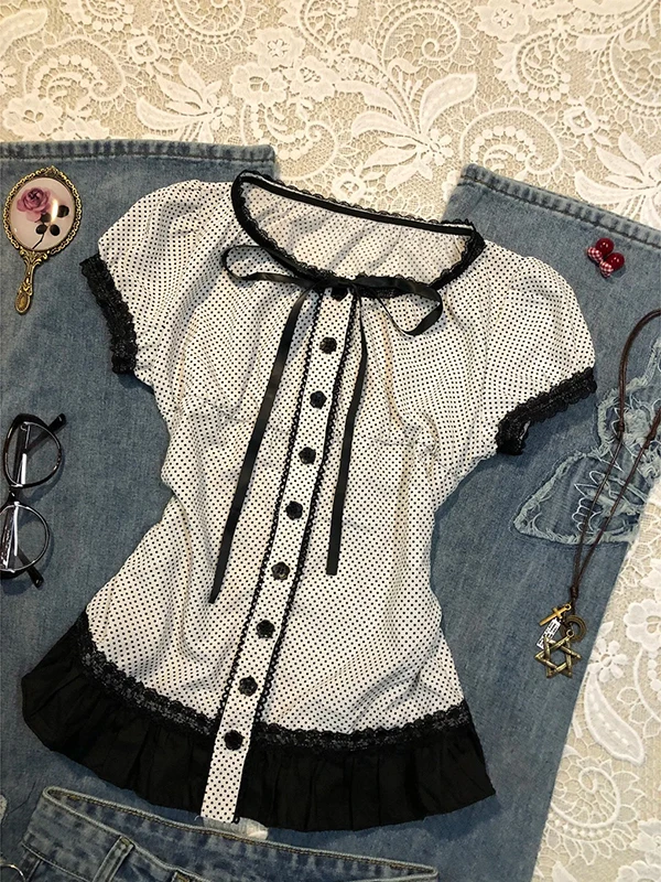 Оригинальный белый ор Све irt в горошек для женщин, винтажный летний топ из смеси хлопка Faion для поездок на работу, облегающий топ